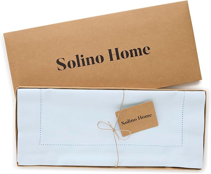 Solino Home Table Runner 90 Inches Long - Cotton Linen Hemstitch Light Blue Table Runner 14 x 90 Inch for Spring, Summer