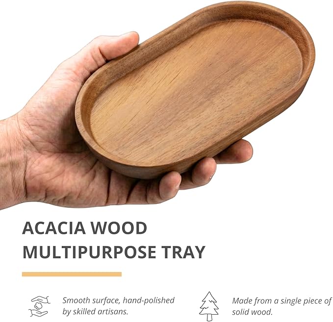Vandroop Wooden Mini Serving Tray for Parties, Tea&Coffee Table Tray, Small Oval Wood Plate for Fruit&Snacks, Decorative Tray for Jewellery Key Coin, Tray for Bathroom (Acacia Wood, 7.8”×4.66”)