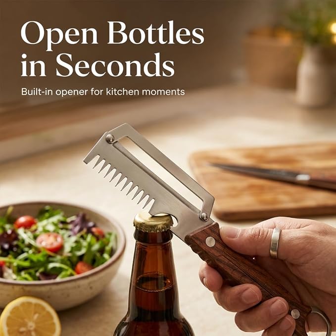 2Pack 3-in-1 Vegetable Peeler with Faux Wood Handle, Stainless Steel Julienne Peeler & Scallion Shredder with Built-In Bottle Opener, Kitchen Peeler for Potato, Carrot, Cucumber, Apple & Fruits