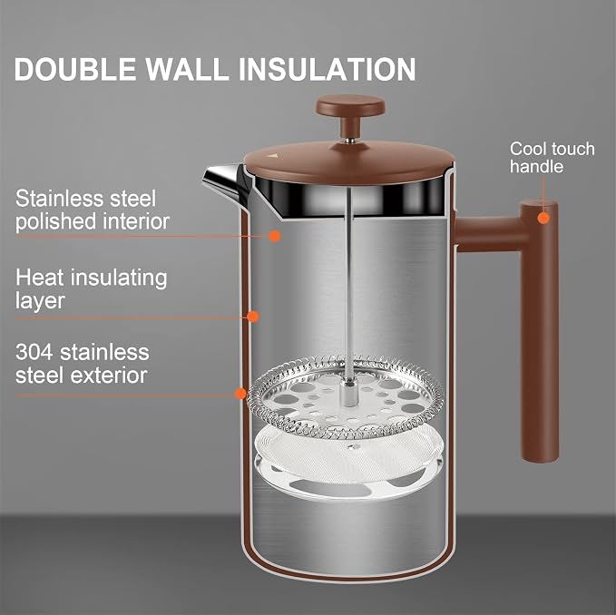 Secura French Press Coffee Maker, 304 Grade Stainless Steel Insulated Coffee Press with 2 Extra Screens, 34oz (1 Litre), Coffee (Pack of 12)