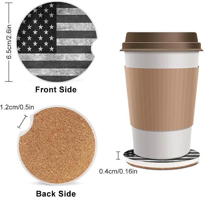 Black Grey American Flag Absorbent Cup Holders Car Coasters,Ceramic Stone Drinks Coaster Set for Women Man 2.56"(2 Pack)