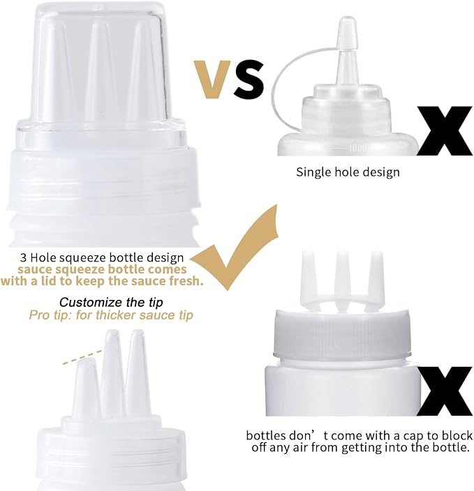 3 Hole Squeeze Bottles for Sauces Plastic Condiment Squeeze Bottles Ketchup Dispenser Salad Dressing Container Squirt Kitchen Squeeze Bottles for Oil BBQ Paint Pancake Art 3 Pcs 13oz/380ML