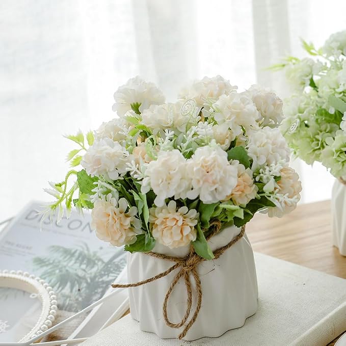 TKAS Fake Flowers Arrangement in Ceramic Vase, Artificial Faux Silk Hydrangea, Small Realistic Dried-Style Floral, Dining Table Centerpiece for Wedding Party Home Decoration (White)
