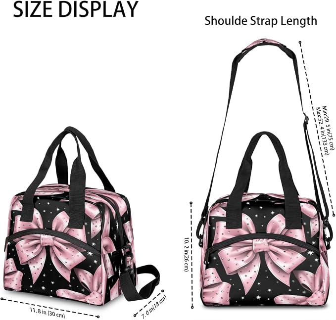 Pink Bow Pattern Insulated Lunch Bag for Women Men Reusable Lunch Box Cooler Bag Large Leakproof Lunch Tote with Adjustable Shoulder Strap for Adult Work Picnic Camping Beach Office