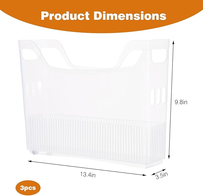 3 Pcs Stackable Freezer Organizer Bins, 13.4 X 9.8 X 3.5 In Clear Plastic Pantry Storage Baskets With Wheels And Handles, Rolling Storage Bins For Kitchen, Office