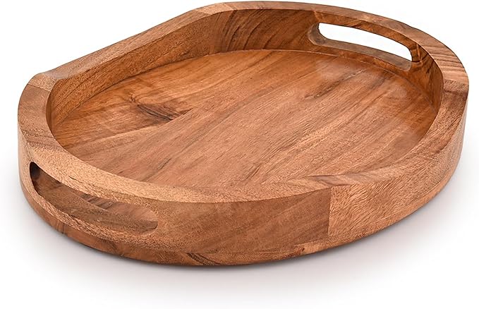 Tray Acacia Wood Oval Large Tray with Handle Food Serving Trays for Living Room Home Dining Table (14" X 11" X 2")
