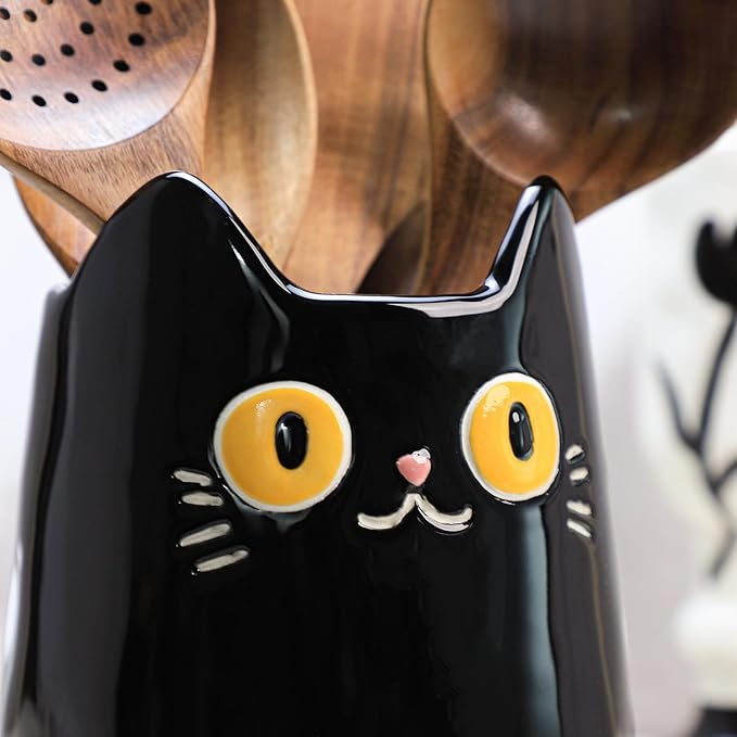 SOCOSY Black Cat Ceramic Kitchen Utensil Holder For Countertop, Cooking Utensil Crock Holder Spatula Holder