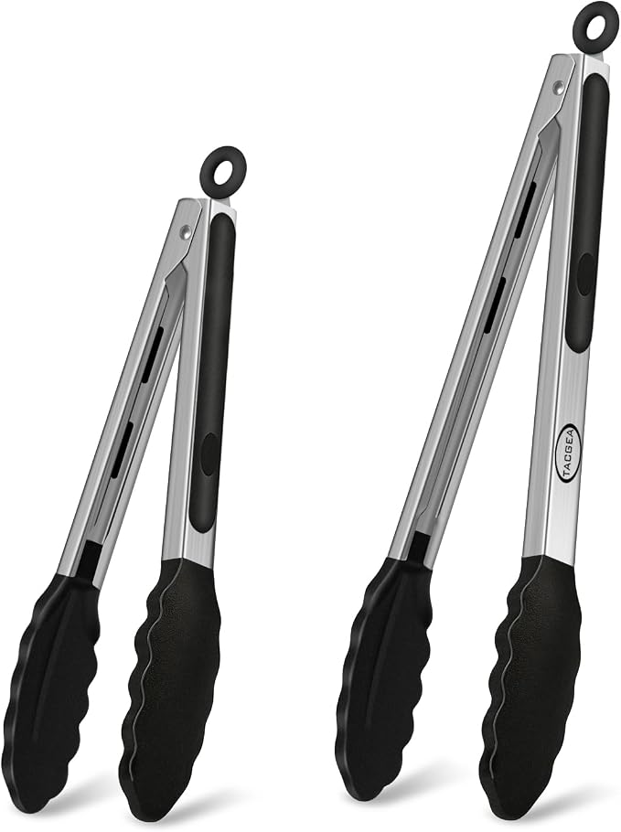 TACGEA Stainless Steel Kitchen Tongs with Silicone Tips, Locking Grilling Food Tongs, 9" and 12", Set of 2 Black