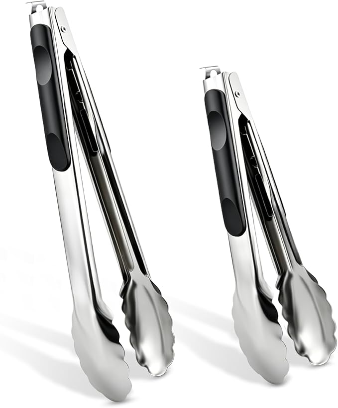 2 Pcs 9/12 Inch Kitchen Tongs for Cooking, BBQ & Salad | Heat-Resistant Stainless Steel Locking Tongs Set, Dishwasher Safe - Premium Kitchen Appliances & Cooking Tools
