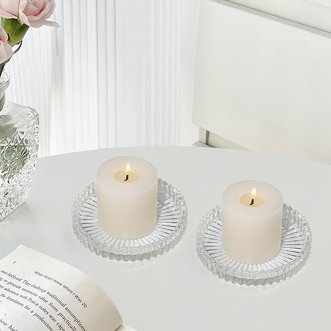 Vixdonos 3.8 Inch Glass Pillar Candle Holder Set Pack 2 Gear Round Plate Serrated Candle Stand for Table Centerpieces,Party, Wedding and Home Decor