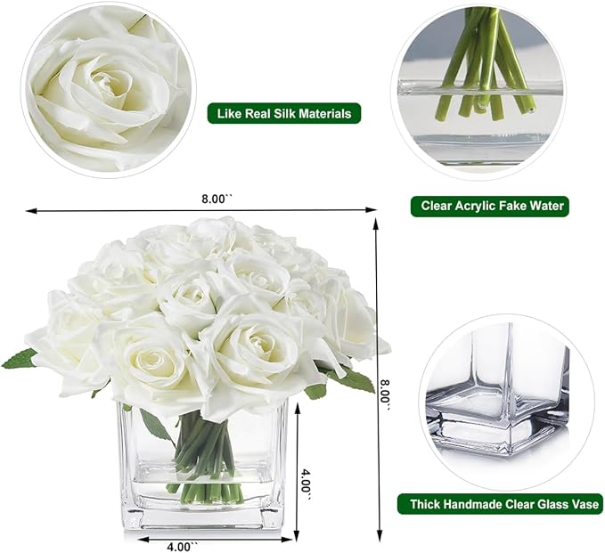 18 Heads Faux Rose Flowers in Vase, Fake Rose Flowers Arrangement in Vase with Fake Water for Dining Table, Wedding Decor (Cream)
