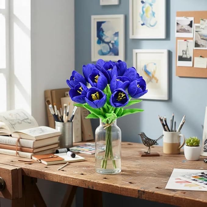 Mandy's Royal Blue Partially Open Artificial Tulips Flowers Centerpiece, 13.5" Lifelike PU Fake Floral Stems 12pcs for Kitchen Island & Dining Table, Spring Decor for Easter