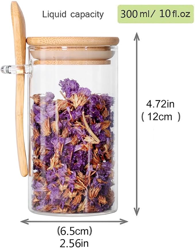 Glass Jar with Bamboo Lid and Spoon, 8Pack 10 OZ Tea Containers for Loose Leaf Tea, Salt and Sugar Containers for Countertop, Yogurt Jars for Overnight Oatmeal
