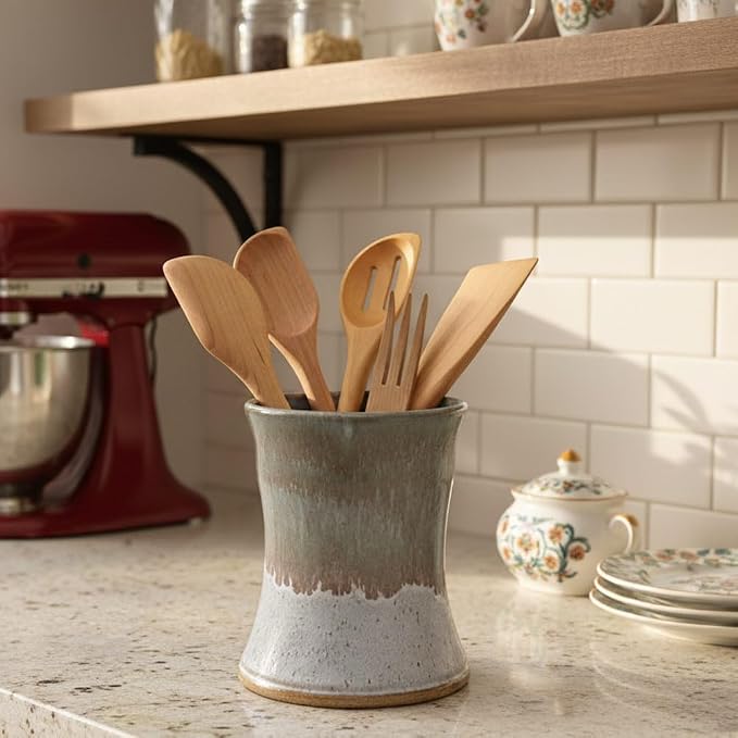 American Made Sage Green Stoneware Countertop Utensil Holder Crock 7" | Misty Meadow Handmade Pottery Collection