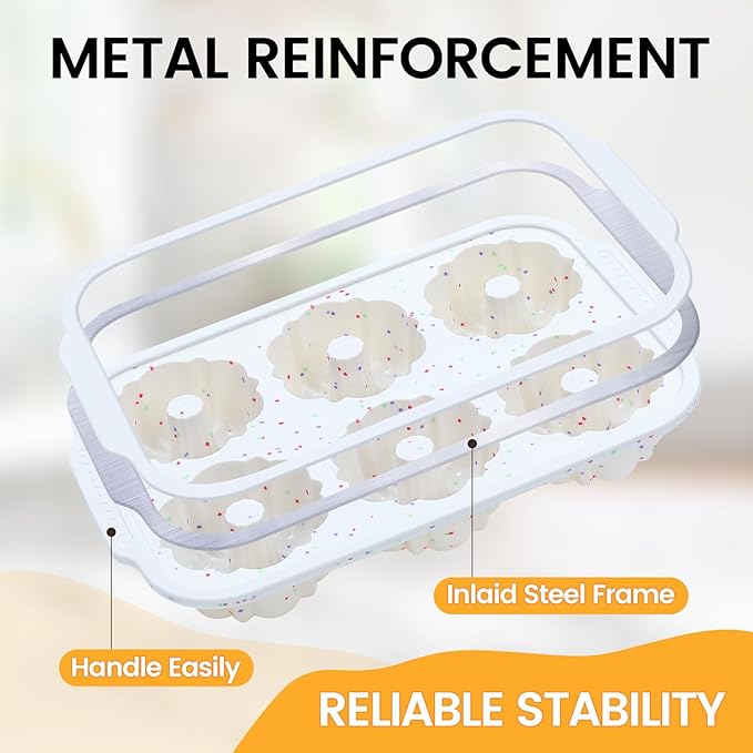 CAKETIME Mini Fluted Tube Pan with Metal Reinforced Frame, 6-Cavity Silicone Nonstick Small Cake Molds 3Pcs for Chocoflan, Donuts, Cornbread, Brownies, Jellies BPA Free