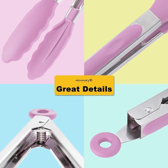 HINMAY Serving Tongs with Silicone Tips 9 Inches Stainless Steel Food Tongs, Set of 3 (Pink)