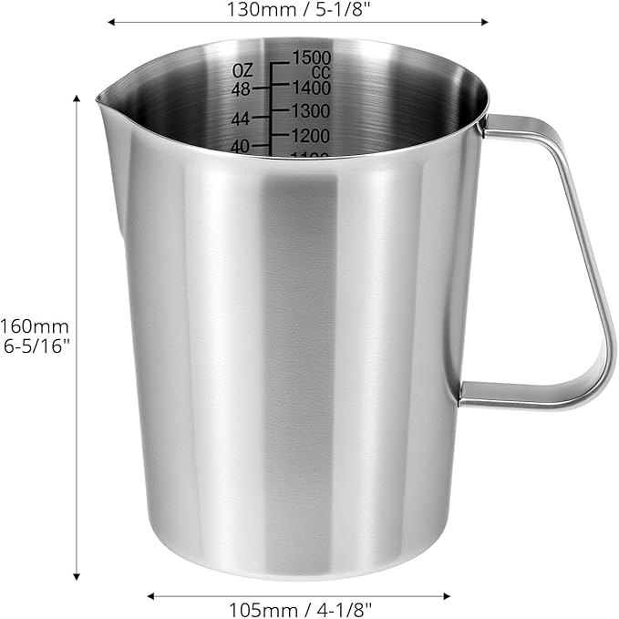 QWORK 304 Stainless Steel Measuring Cup 48 OZ with OZ/ML Graduations, 6 Cup Kitchen Mixing Pitcher, Precision Engraved Markings, Container for Baking and Frothing, 2 Liter