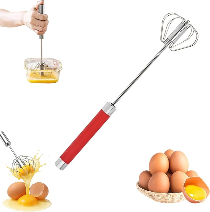 Stainless Steel Semi-Automatic Whisk, New Stainless Steel Egg Whisk Hand Push Spinning Whisk, Versatile Egg Whisk Stirrer Tool for Making Cream, Whisking (Red, 12inch)
