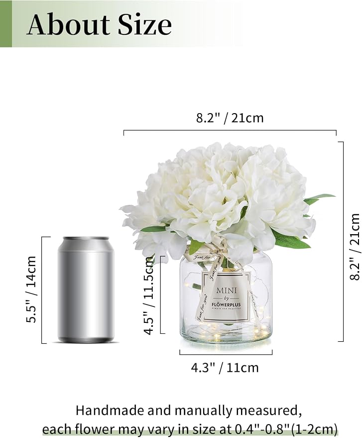 BLOSMON Fake Flowers in Vase for Table: White Artificial Hydrangea with Glass Vase LED Light for Centerpieces Decor - Small Faux Arrangements Desk Vanity Bathroom Office Decoration