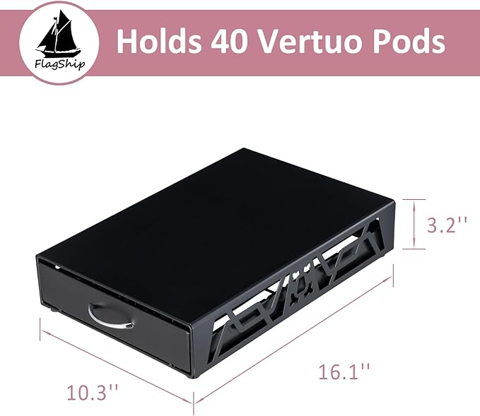 FlagShip Vertuo Pod Holder- Modern Black Metal Coffee Capsule Organizer & Space-Saving Pod Storage for Coffee Machines, Generous 40 Vertuo Pods Capacity