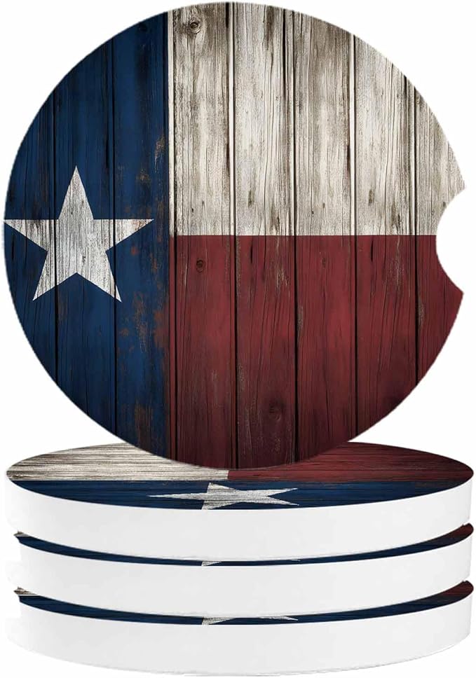 Small Car Coasters for Cup Holders 2.65" Absorbent 4 Pack Car Coaster Ceramic Stone for Drinks Absorb Water Drops State Flag Vintage Wood Grain