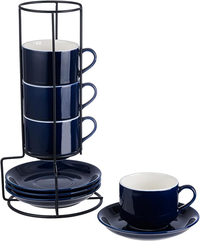YOLIFE 8oz Porcelain Stackable Cappuccino Cups with Saucers and Metal Stand Set of 4, Coffee cups for Espresso, Specialty Coffee Drinks, Latte, Americano and Tea - Blue