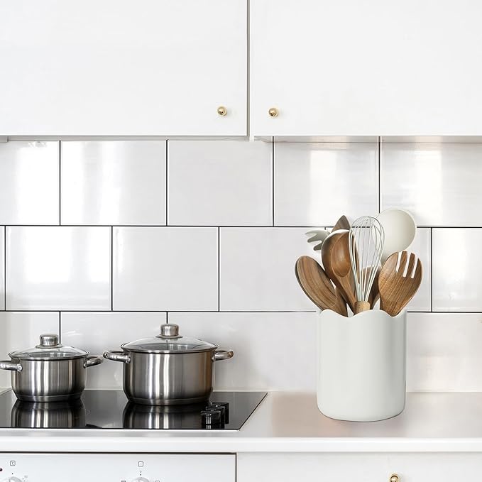 Large Utensil Holder for Kitchen Counter, Ceramic Kitchen Utensil Crock with Protection Cork Mat, Modern Cooking Tools Organizer for Countertop, White