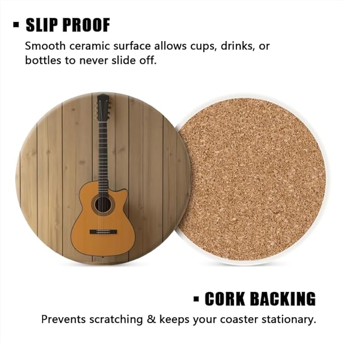 Ceramic Drink Coasters Absorbent Set of 1, Guitar Hanging on Wall Round Anti Slip Modern Cup Coasters for Desk Kitchen Office Housewarming Hostess Gifts (4 * 4 Inch)