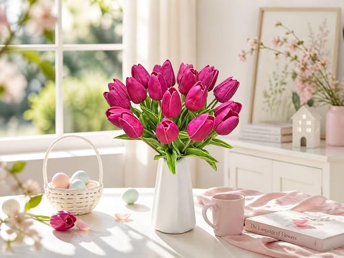 Mandy's Hot Pink Artificial Tulips Flowers Centerpiece, 13.5" Lifelike PU Fake Floral Stems 20pcs for Kitchen Island & Dining Table, Spring Decor for Easter