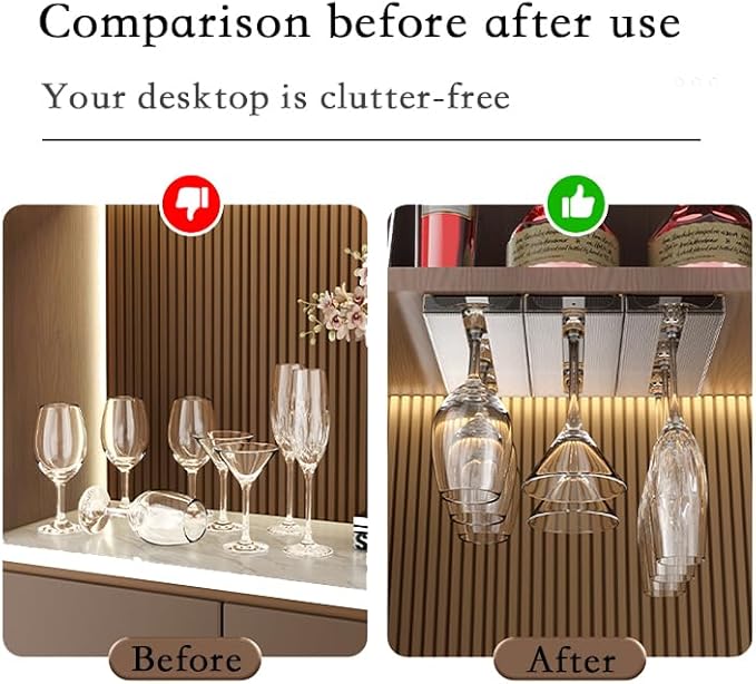 Wine Glass Holder Under Cabinet, Wine Glass Rack - 2 Pack, Wine Glass Storage Hanging Rack，Wine Glass Holder for Kitchen, Home & Bar (Brown)