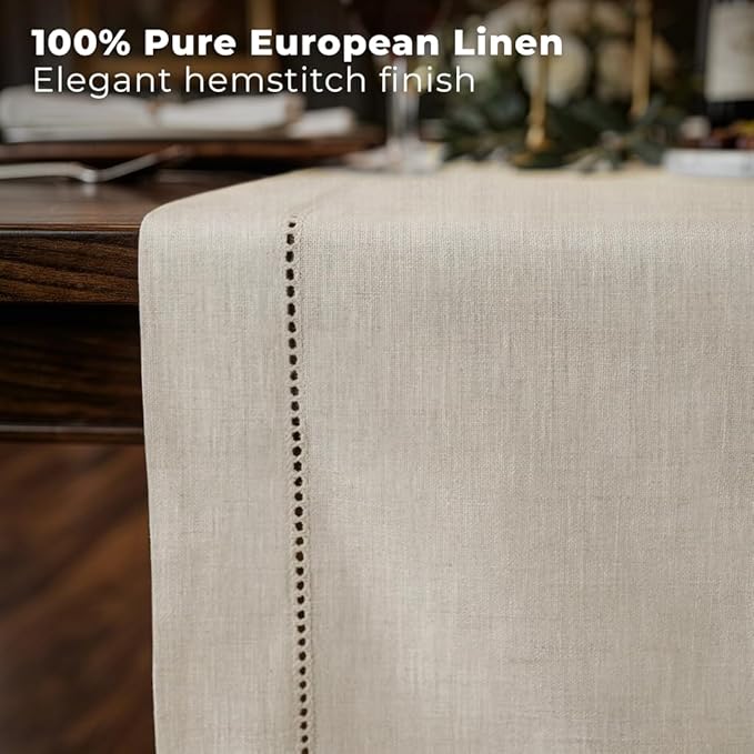 Signature Linen™ by D'Moksha Light Natural Table Runner 36 Inches, 100% Pure Linen, Hemstitch, Coffee Table Runner, 14 x 36 Inch for Dresser Tables- Summer, Father's Day