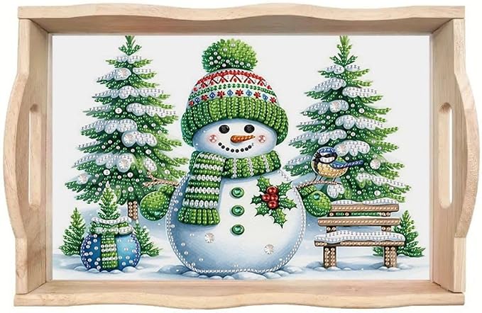DIY Diamond Serving Tray Rectangular Breakfast Tray with Handle Handmade Diamond Art Painting Wooden Tray for Dinner Plate Coffee Room Living Home Organizer-Snowman