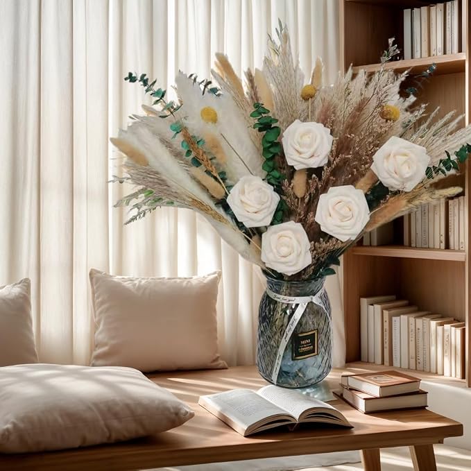 Dried Flower Bouquet for Decorations, Table Centerpiece Decorations, 80Pcs, Natural Pampas Grass, Floral Arrangements for Dining Room, Kitchen, Living Room, Coffee Table, Office Table
