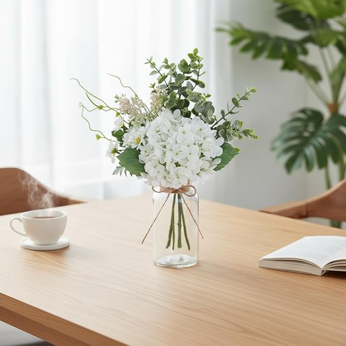 LADADA White Artificial Hydrangea Bouquet with Glass Vase - 15.7" Faux Hydrangea & Eucalyptus Arrangement, Fake Flowers in Vase for Table Centerpiece, Bathroom, Kitchen & Farmhouse Home Decor