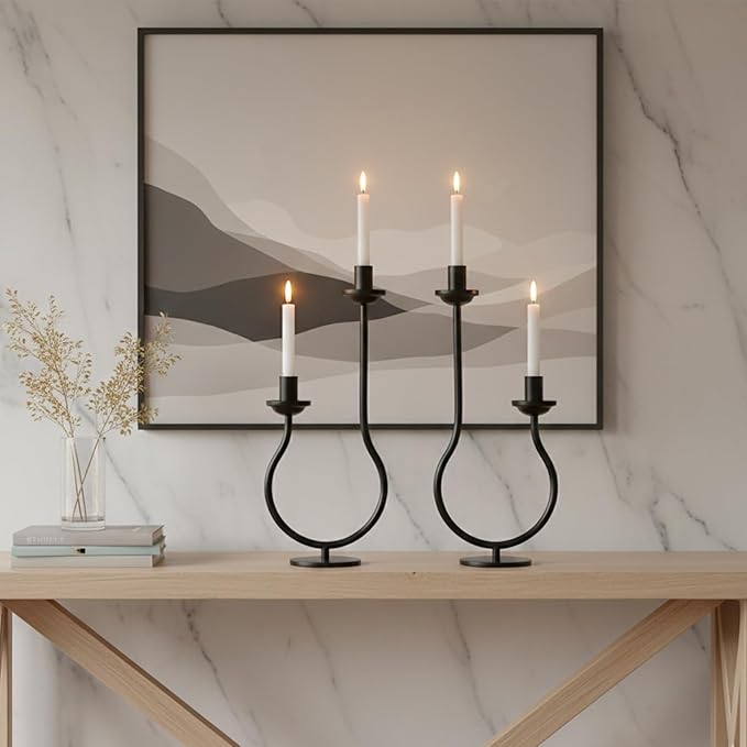 Black Metal Taper Candle Holder Candlestick Holder, Modern Tall Candelabra Decorative Centerpiece Candle Stand for Table Fireplace Mantel Wedding Housewarming Gift