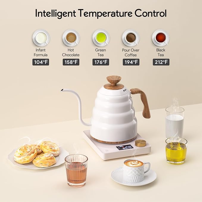 Electric Gooseneck Kettle, 30oz/0.9L Intelligent Temperature Control, Quick Heating, 304 Stainless Steel for Pour Over Coffee, Brew Tea, Boil Hot Water, 1000W （White）