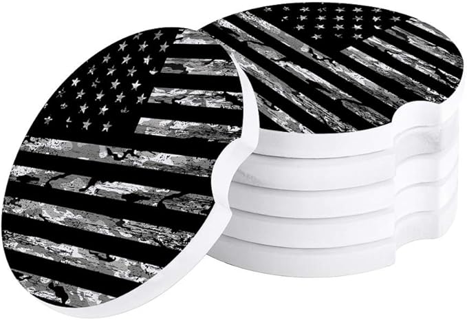 Absorbent Car Coasters for Cup Holders Camouflage American Flag, Small 2.56inch Ceramic Stone Drink Coaster for Women Men, Black and White Set of 6 Pack