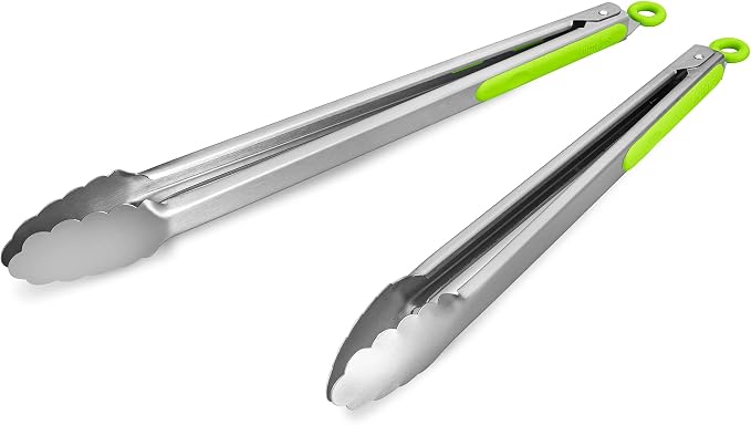 304 Stainless Steel Kitchen Cooking Tongs, 14" and 16" Set of 2 Sturdy Grilling Barbeque Brushed Locking Food Tongs with Ergonomic Grip, Green