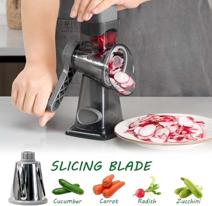 Cheese Grater Hand Crank Rotary Vegetables Shredder with Handle, 3-in-1 Graters with Interchangeable Blades and Non-slip Base Multifunctional Slicer for Kitchen