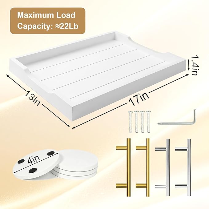 Wood Serving Tray with Metal Handles, 17x13in Large Wooden Tray for Ottoman, Coffee Table, Breakfast, Dinner & Bar, Decorative Tray for Living Room, Bedroom, Bathroom and Kitchen, White