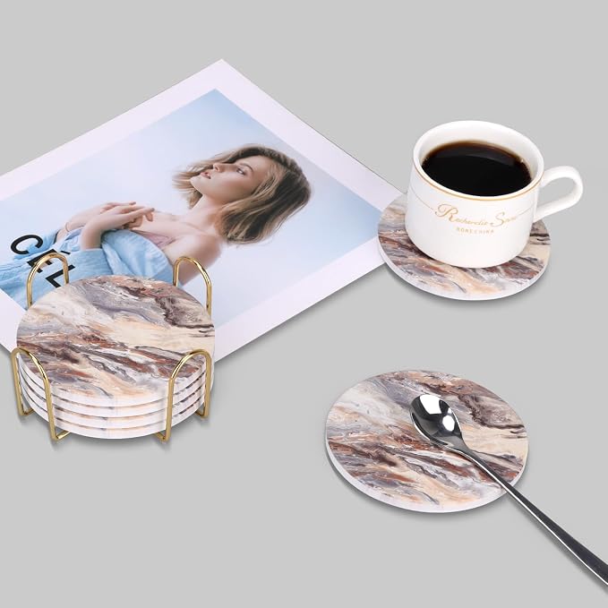 Marble Coasters Set of 6 with Holder for Living Room Coffee Table Decor Ceramic Absorbent Drinks Coasters for Office Desk, Modern Farmhouse, Beer, Bar, Wine