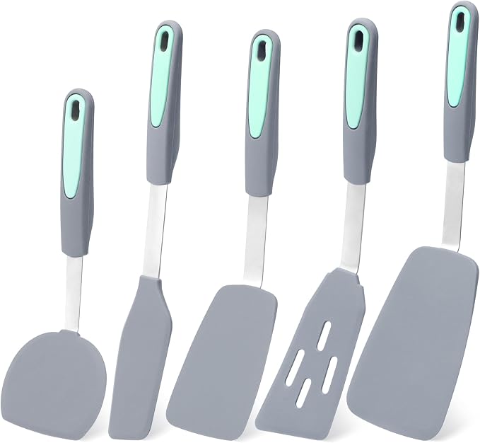 Tongjude 5 Pieces Silicone Spatula Set, Heat Resistant Non-Stick Kitchen Utensils, Silicone Turner Spatulas for Cooking, Frying & Pancake, Light Grey
