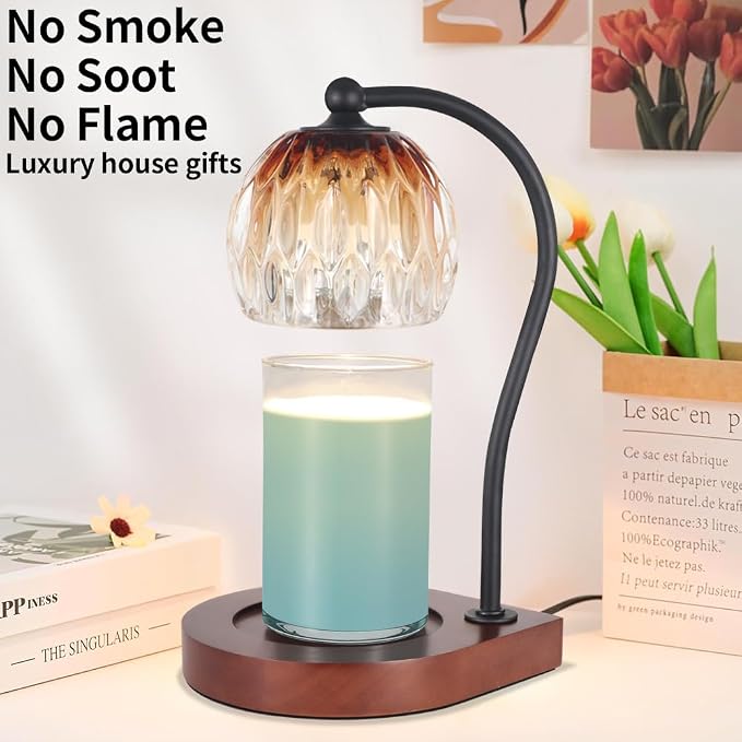 Electric Candle Warmer Lamp with Timer＆Dimmable for Jar Scented Candles, Wax Melting Tabletop Light Suitable as a Home Decor Thanksgiving Christmas Day Gift for Women Mom, with 2 Bulbs(Glass Brown)