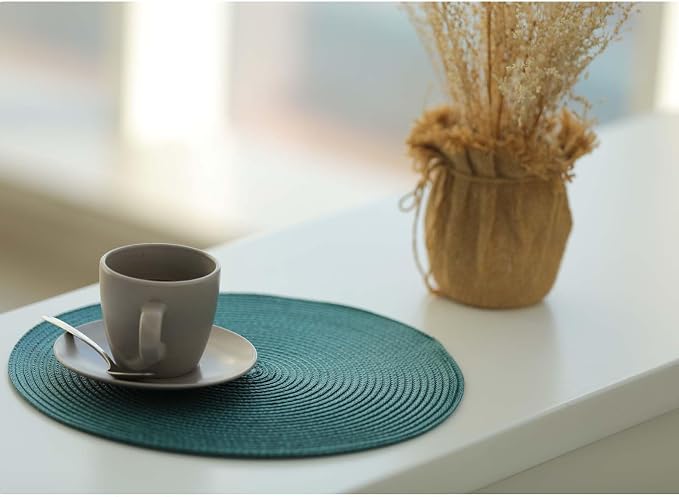 FunWheat Round Braided Placemats Set of 6 Place Mats for Dining Tables Woven Washable Non-Slip Table mats Small 13 inch(S Teal, 6pcs)