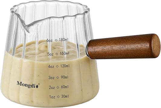 Mongdio 6OZ Espresso Shot Cup, Espresso Measuring Cup with Wooden Handle, Glass Measuring Cup with Dual Scale Markings, Coffee Essentials for Coffee, Milk