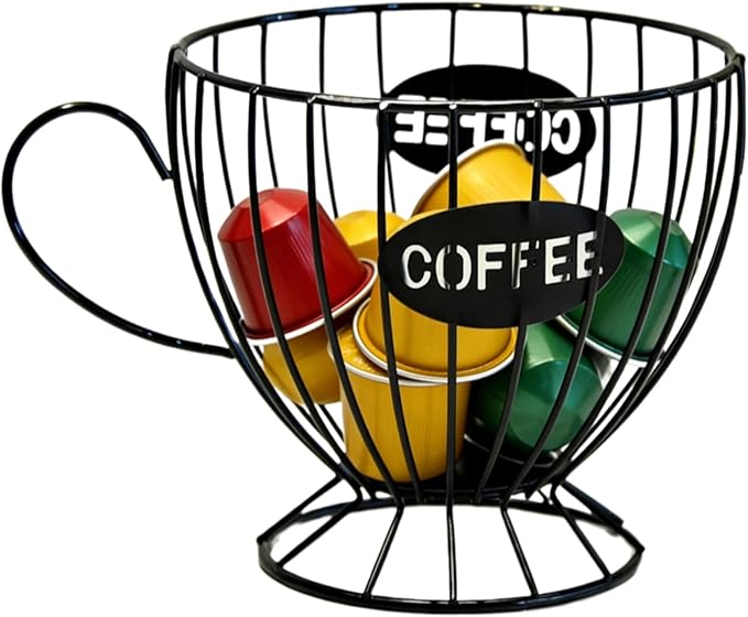 Metal Coffee Pod Holder Wire Coffee Pods Storage Basket Espresso Capsule Storage for Home Kitchen Cafe Hotel (Black cup)