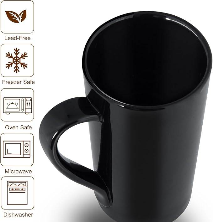 20oz Porcelain Coffee Mugs Set of 4, Large Tall Coffee Mugs with Handles, Modern Ceramic Coffee Cups for Coffee, Tea, Cocoa, Milk, Gifts for Women Men - Black
