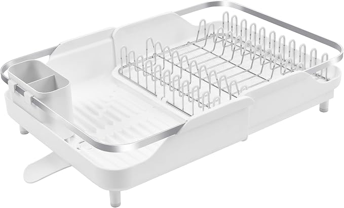 Better Houseware Expandable Dish Drying Rack - Space-Saving Stainless Steel Dish Racks for Kitchen Counter with drainboard and Detachable Cutlery Holder, Large, White