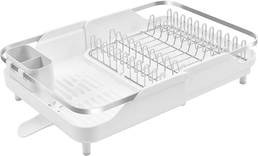 Better Houseware Expandable Dish Drying Rack - Space-Saving Stainless Steel Dish Racks for Kitchen Counter with drainboard and Detachable Cutlery Holder, Large, White