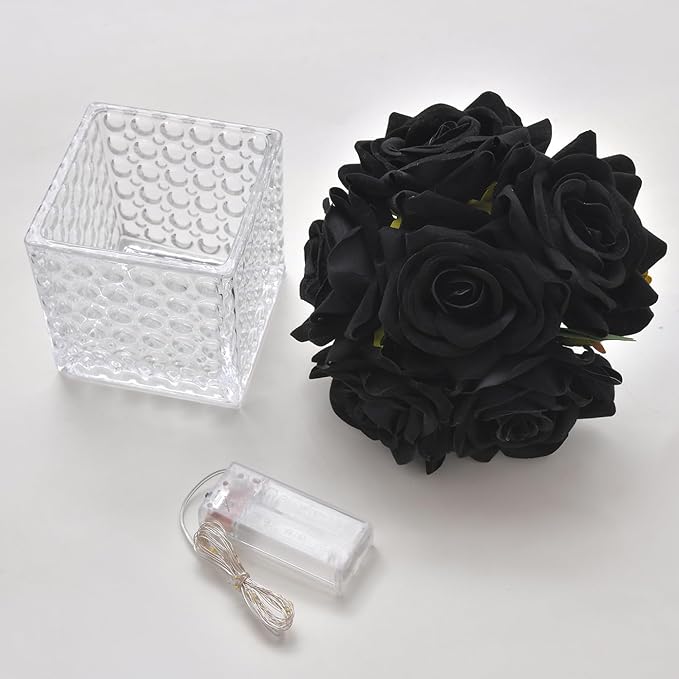Fule Artificial Silk Rose Flower Centerpiece Arrangement in Glass Vase with LED Light for Home Wedding Decoration (Black)